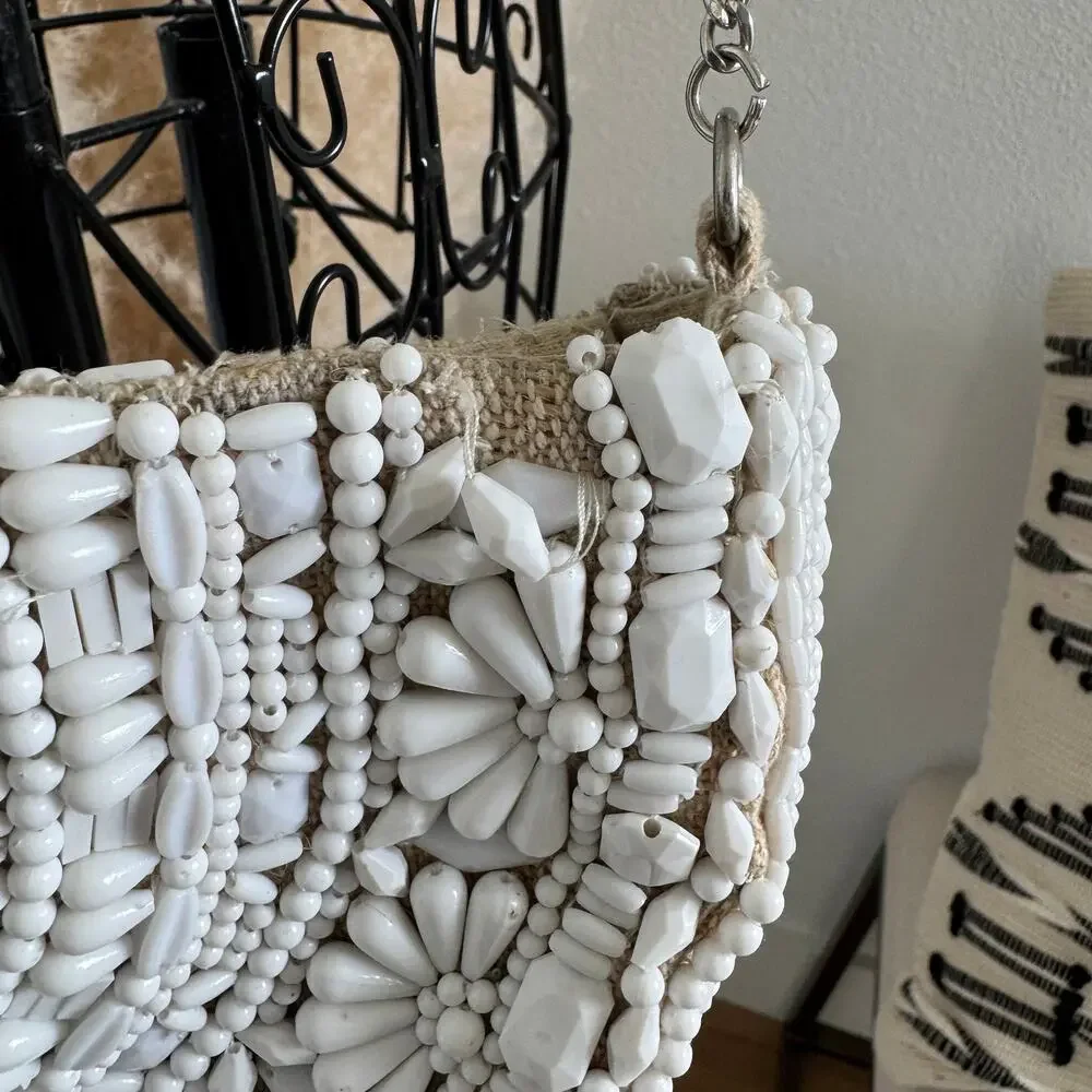 ZARA White Beaded Boho Half Moon Wooden Top Handle Convertible Bag Chain Strap - Picture 7 of 10